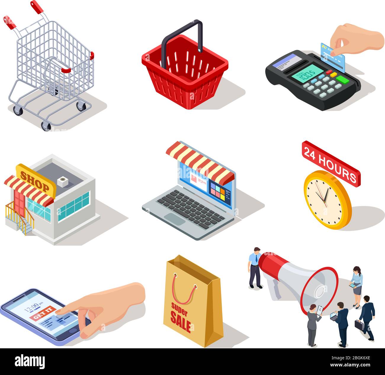 Isometric shopping icons. Ecommerce store, online shop and internet purchasing 3d vector marketing symbols. Web online sale, cart and laptop Stock Vector