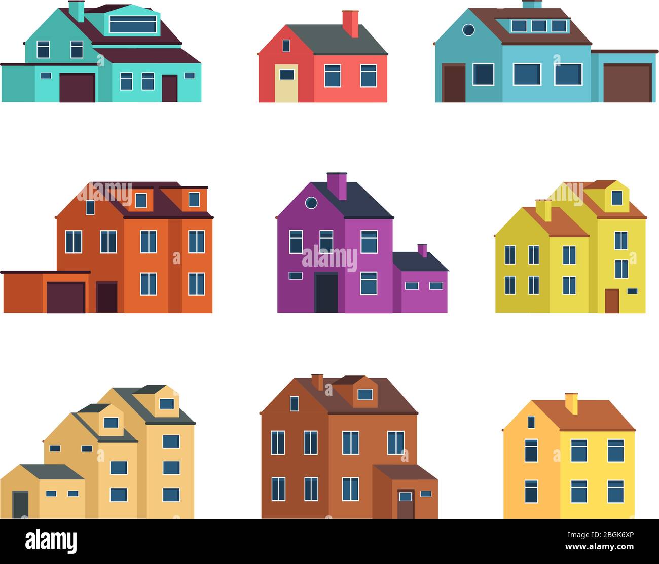 Flat cartoon town houses, cottage buildings with door and windows. Home exterior vector set isolated. House building exterior, town cottage architecture illustration Stock Vector