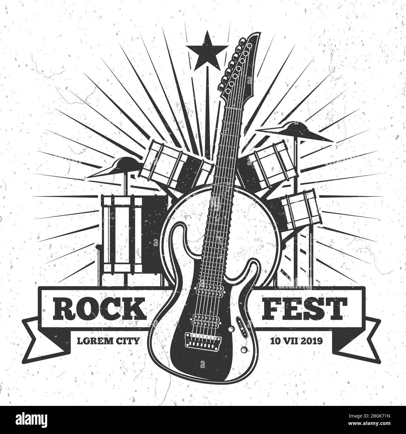Grunge monochrome rock festival poster and banner design. Hipster music vector emblem illustration Stock Vector
