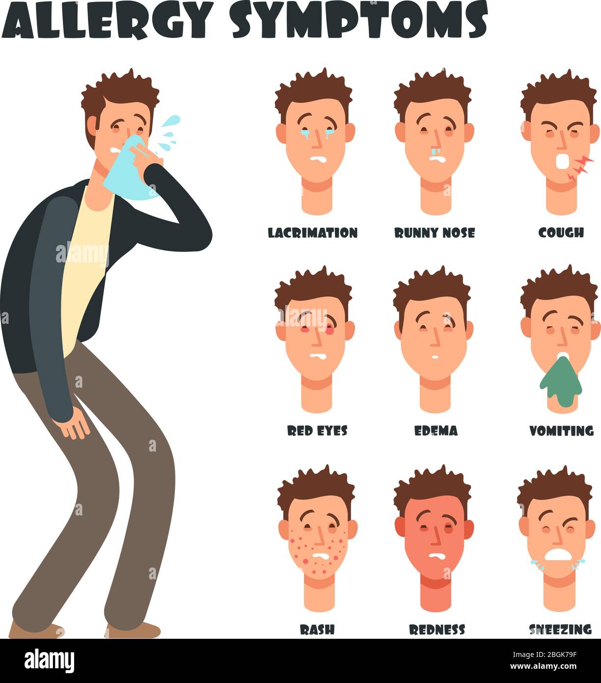 Allergy symptoms with sneezing cartoon man. Medical vector illustration. Disease character, symptom allergic, red eyes and itching Stock Vector