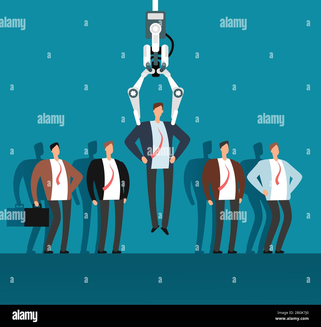 Robot recruiter with industrial claw choosing man from selected group of people. Recruitment, employment agency vector business concept. Robotic choose and select human recruit illustration Stock Vector