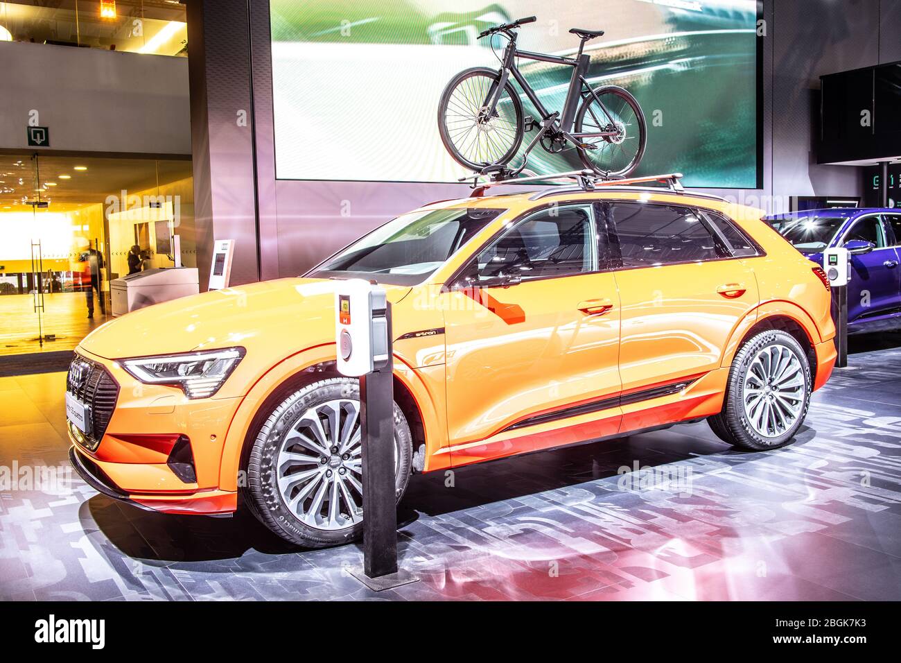 Brussels, Belgium, Jan 2020 electric Audi e-tron 55 quattro SUV with high voltage battery and electric engine motor, Brussels Motor Show Stock Photo