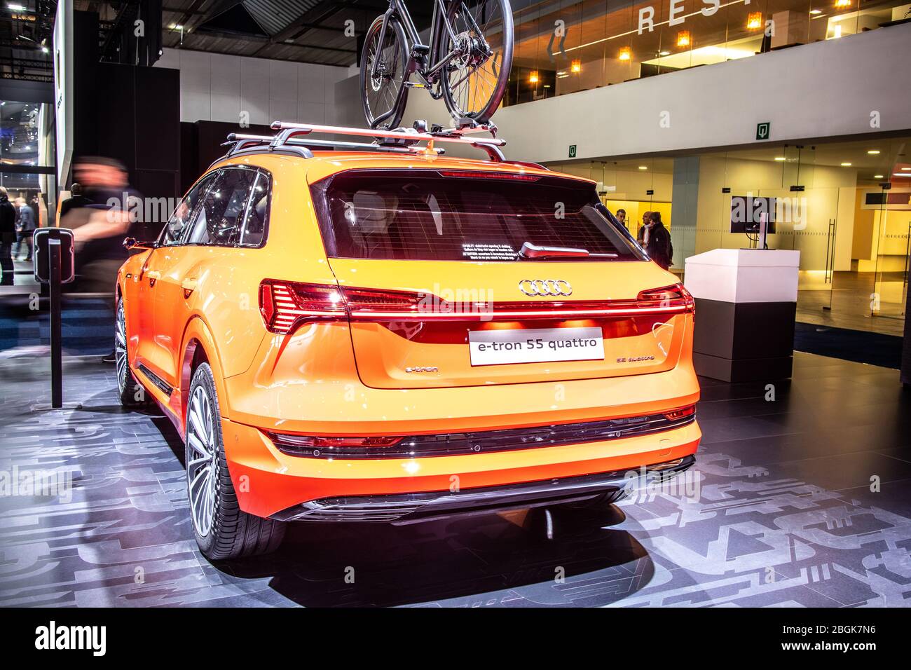 Brussels, Belgium, Jan 2020 electric Audi e-tron 55 quattro SUV with high voltage battery and electric engine motor, Brussels Motor Show Stock Photo