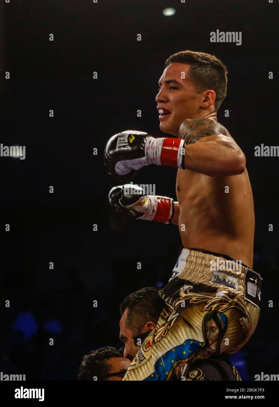 The Mexican boxer originally from Sonora Nogales, Oscar Valdez (gold) won by knockout night of Saturday to Ernie Sanchez city of Zamboanga del Sur (red) during boxing match featherweight held at the Tucson Convention Center Arizona. Photo: Luis Gutierrez Stock Photo