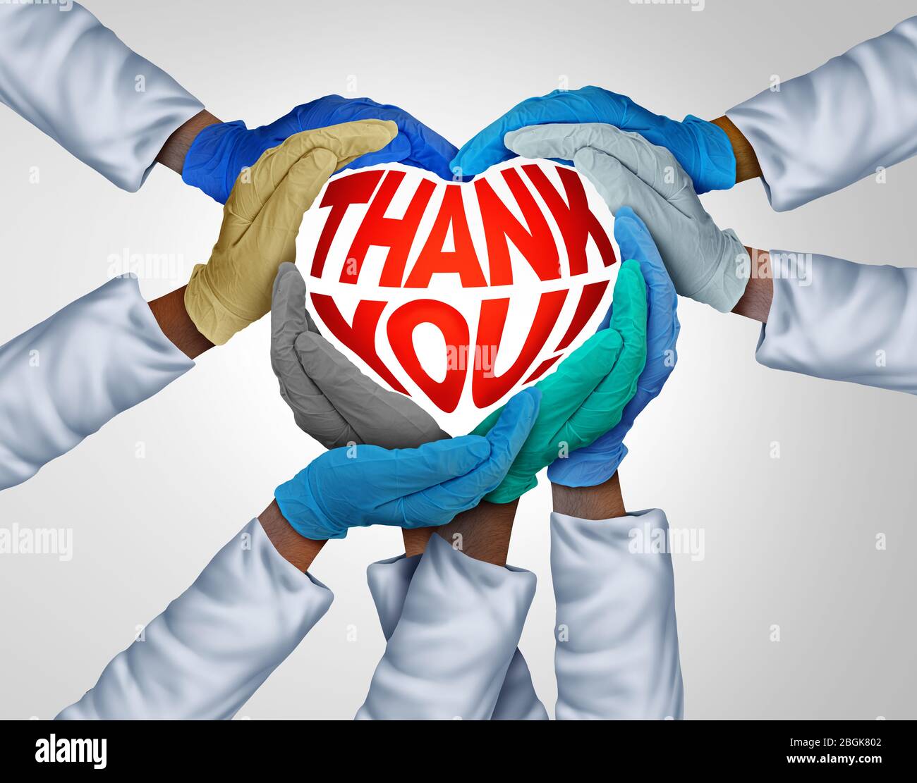 Healthcare workers thank you and medical teamwork or doctors unity and global health care appreciation as doctor hands in a group of diverse medics. Stock Photo