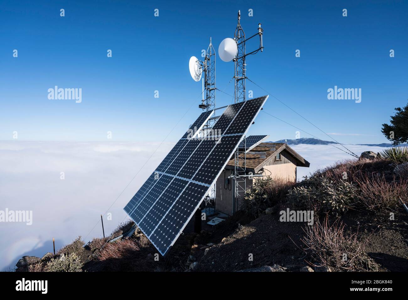 Solar communication towers on top of Josephine Peak in the San Gabriel Mountains and Angeles National Forest near Los Angeles, California. Stock Photo