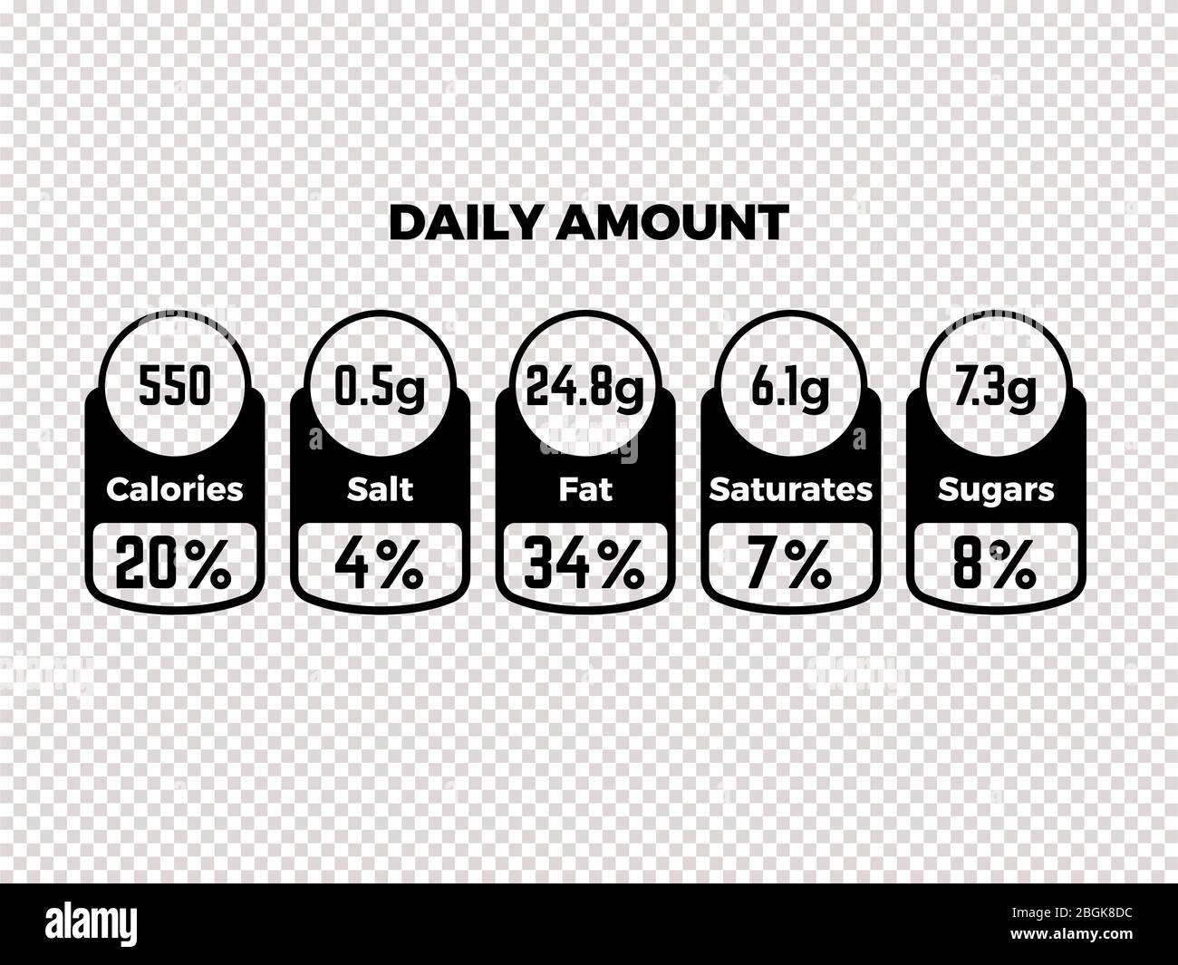 Nutrition facts vector package labels with calories and ingredient information isolated on transparent background. Vector illustration Stock Vector