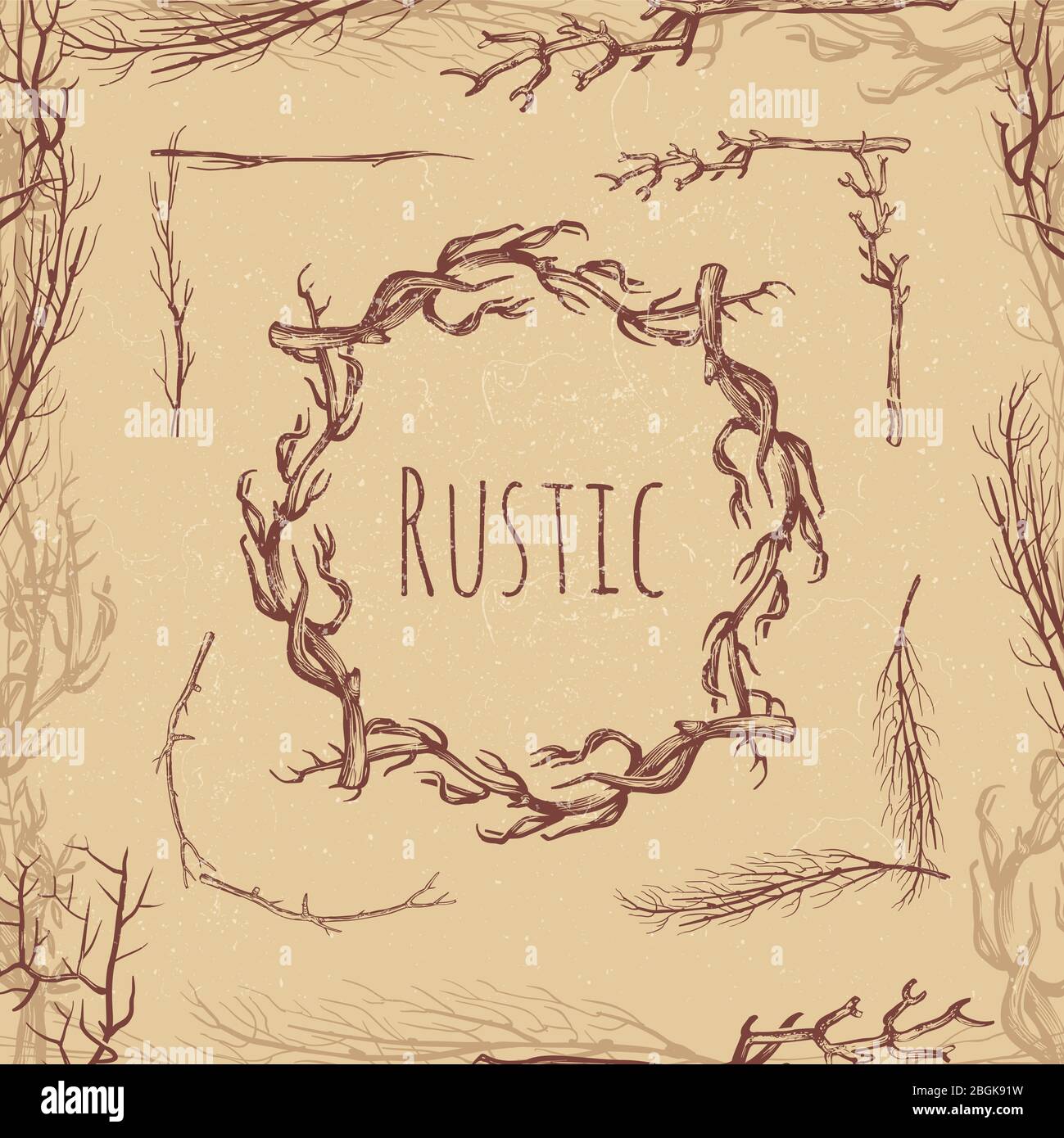 Hand drawn rustic branches vintage style. Rustic angle and frame ...