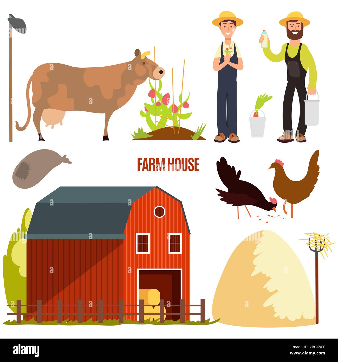 Farming. Farm cartoon character vector elements. Farm animal and agriculture, barn and chicken, cow and farming illustration Stock Vector
