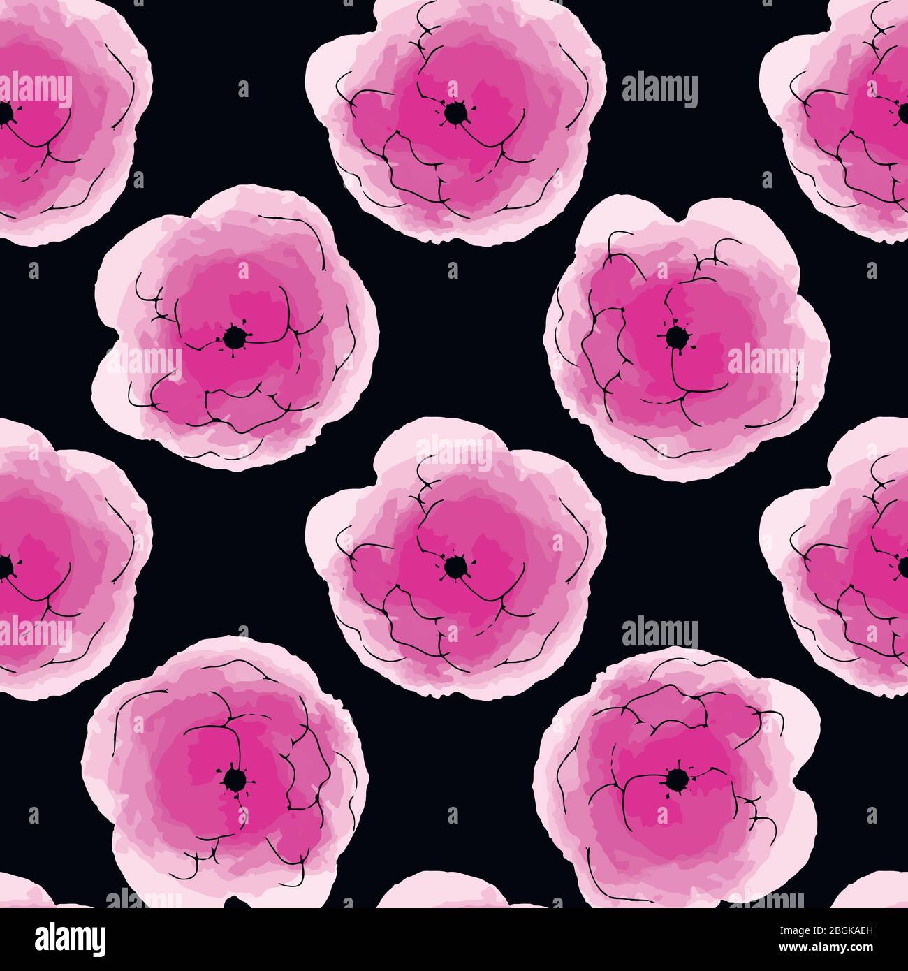 Vector illustration seamless pattern watercolor pink flowers on black ...