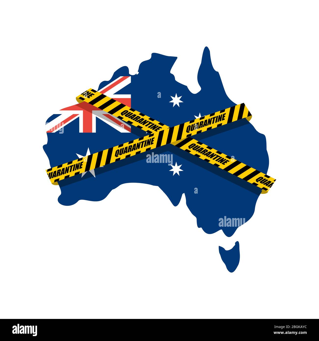 Quarantine in Australia. Australian map is wrapped in yellow warning