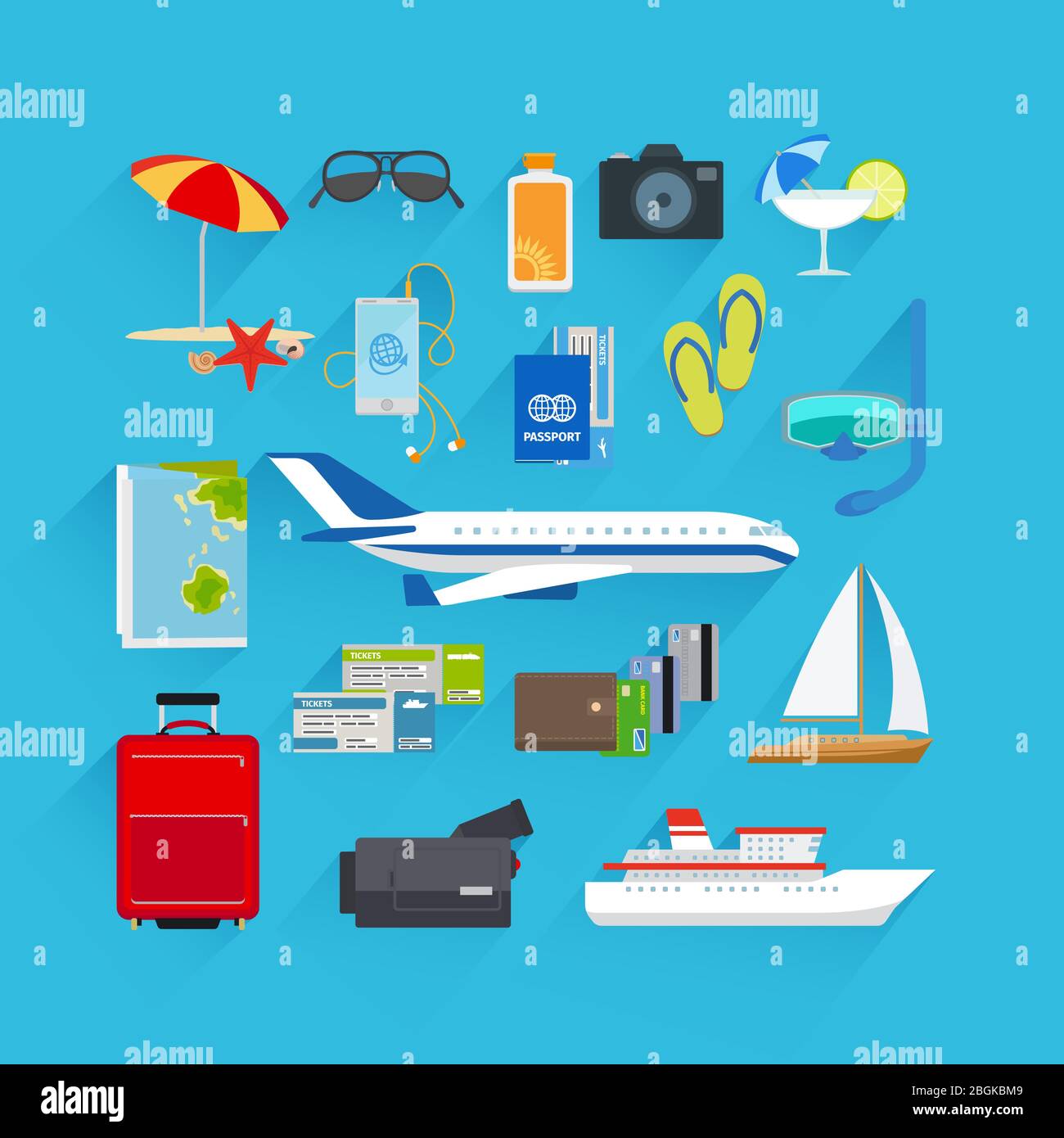 Travel and summer vacation, tourism and journey flat icons Stock Vector ...