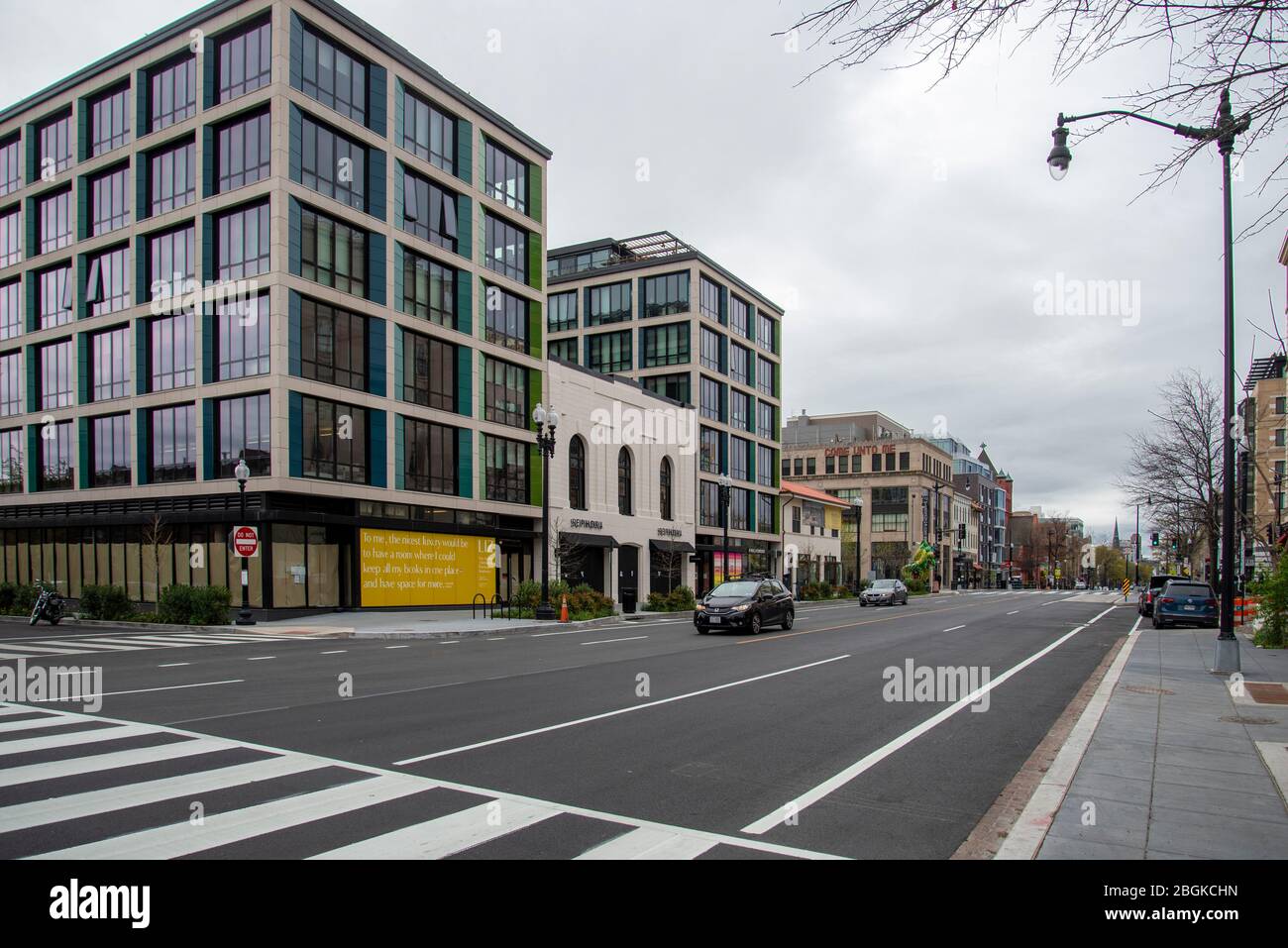 New building complex The Liz seems as empty as  the road in front of it. 14th and S Streets NW, Washington, DC, April 4, 2020. Stock Photo