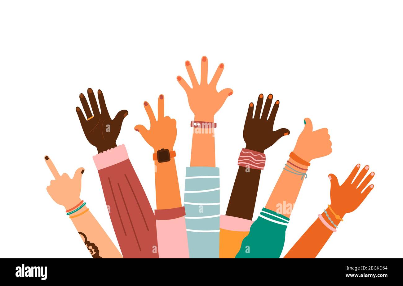 Colorful up hands set with different gestures, vector illustration Stock Vector