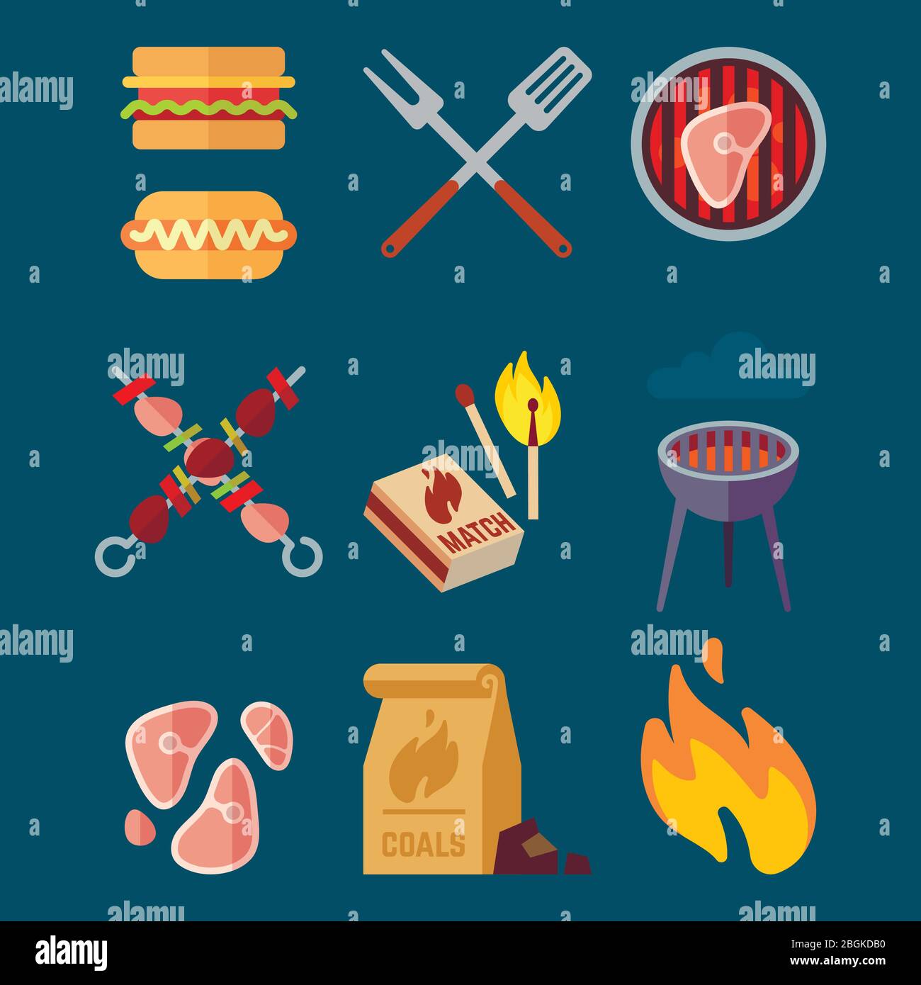 Set of flat barbeque icons for web. Camping vector illustration ...
