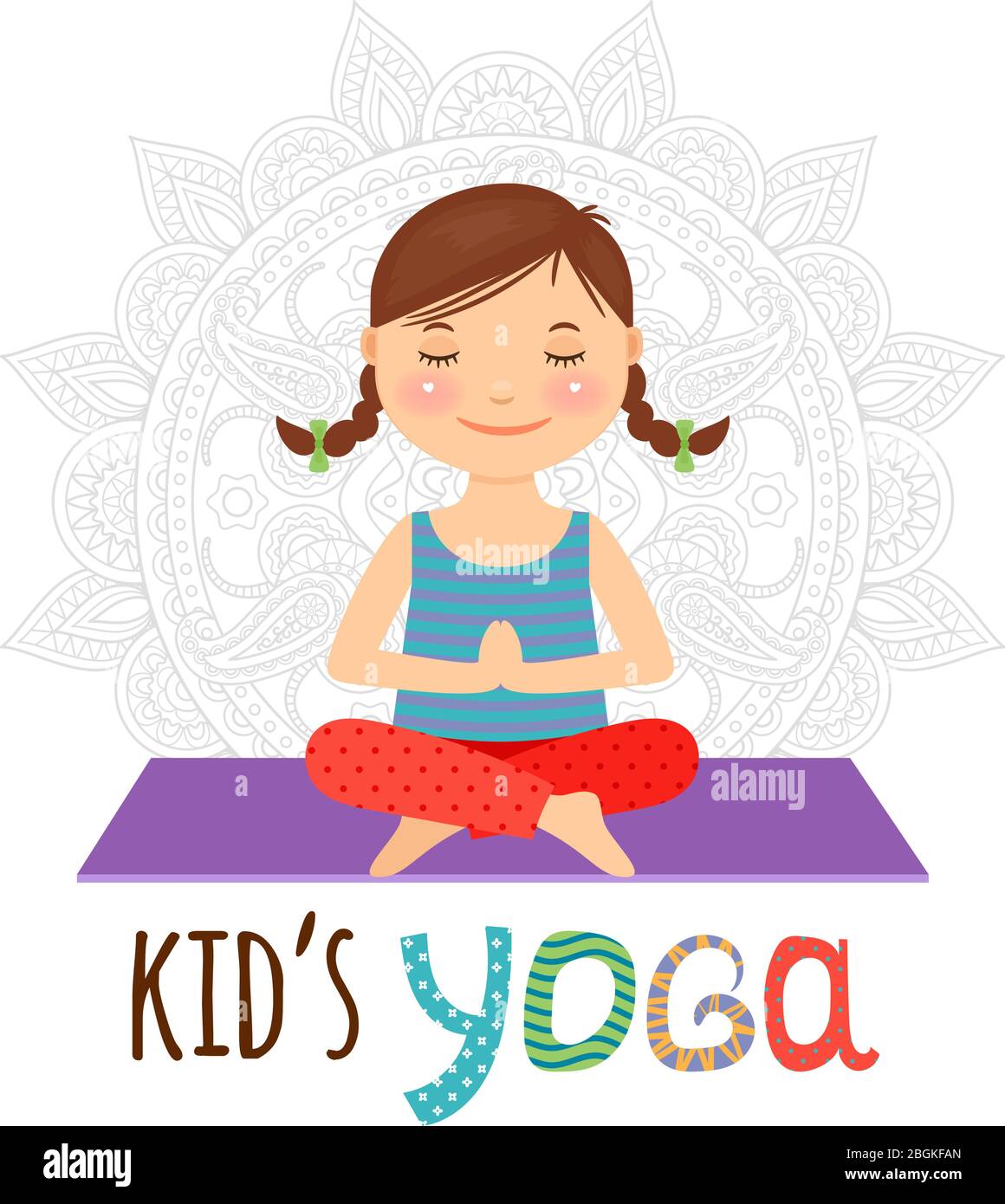 Kid yoga logo. Girl sitting in lotus pose. Vector illustration
