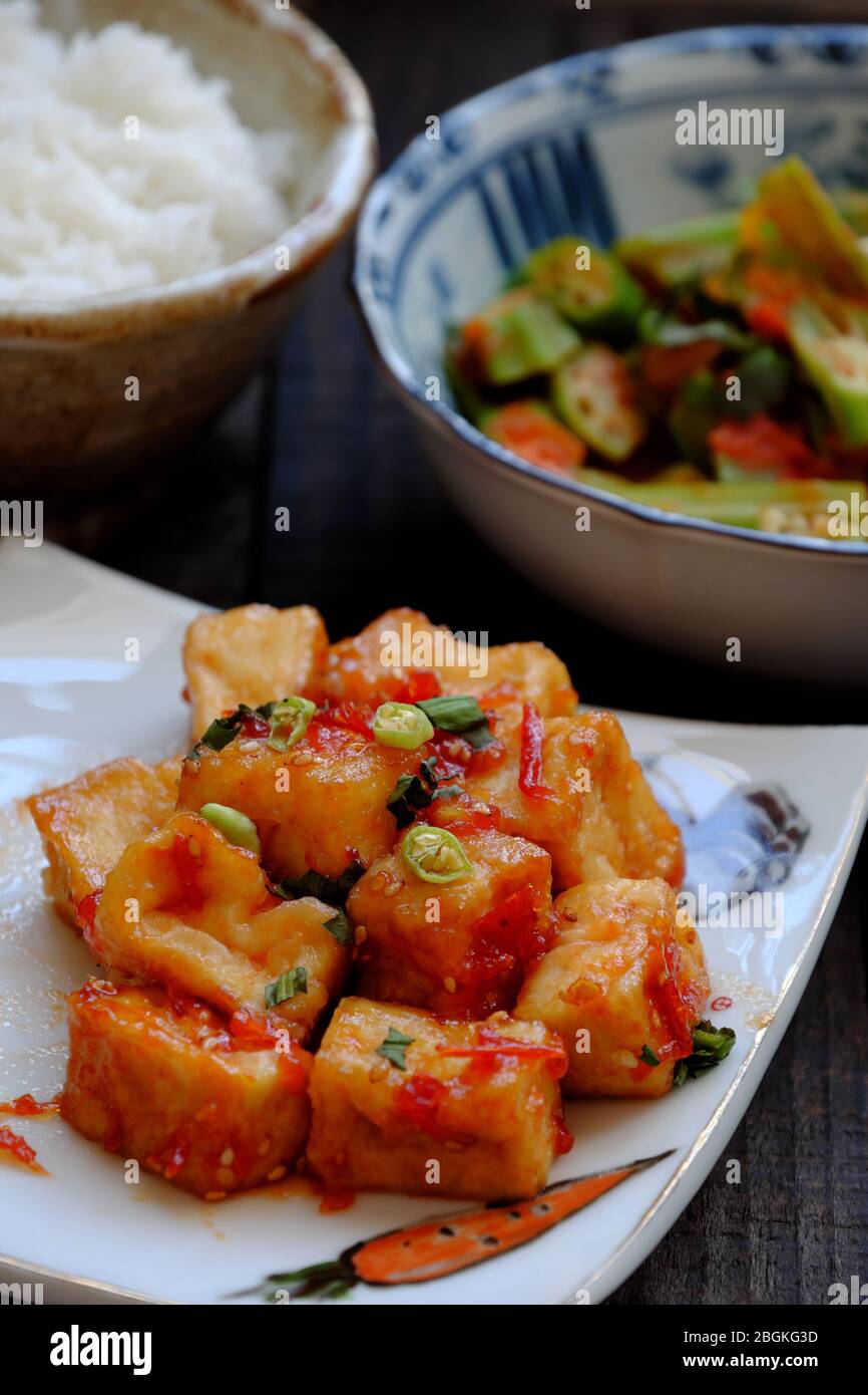 Top view simple non meat diet for lunch in daily family meal, tray of