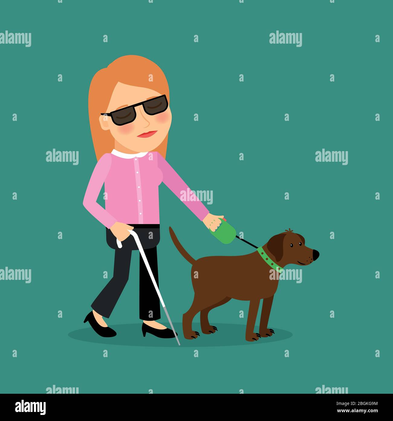 Blind woman with a guide dog walking together. Vector illlustration. Stock Vector