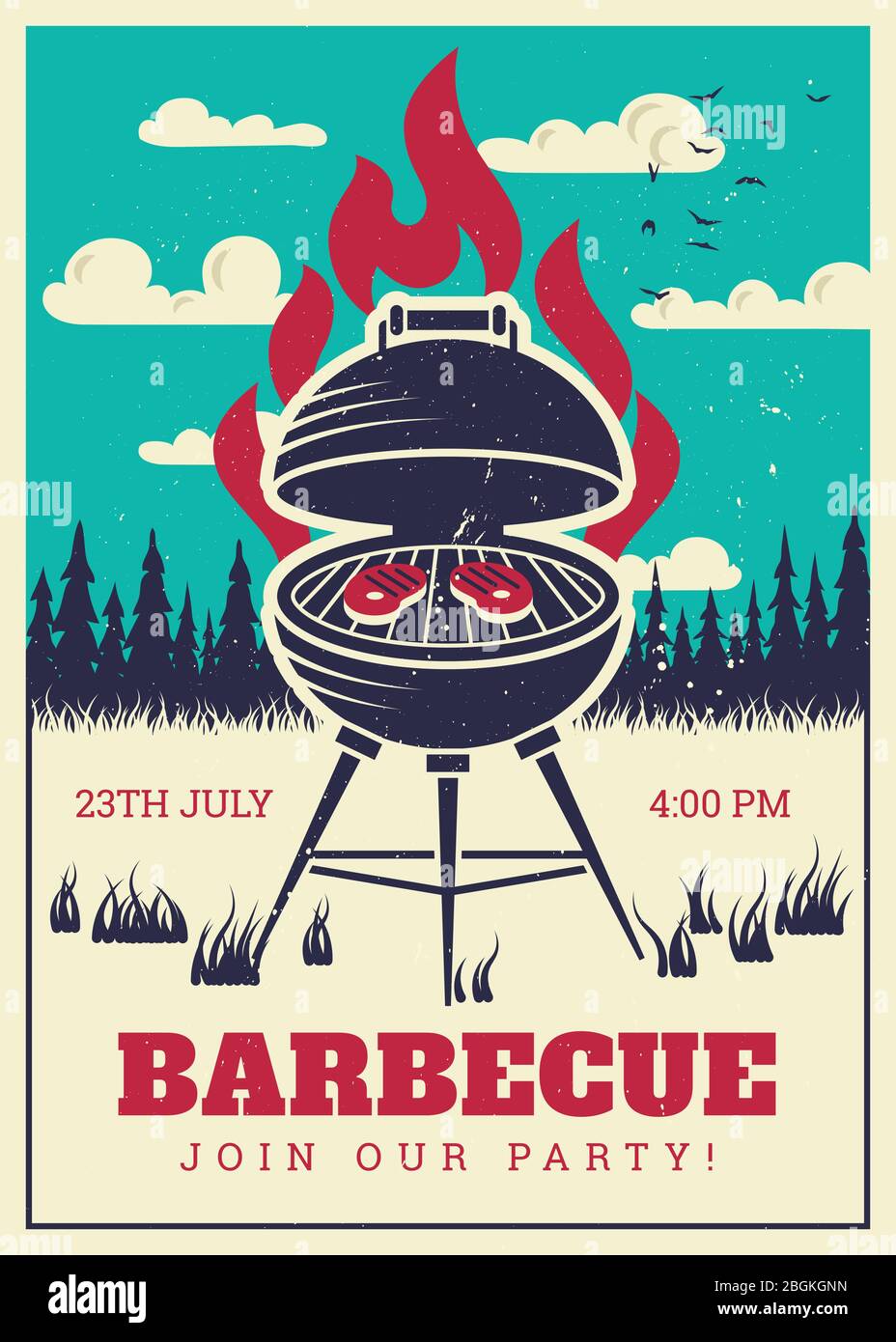 Vintage bbq grill party poster. Delicious grilled burgers, family