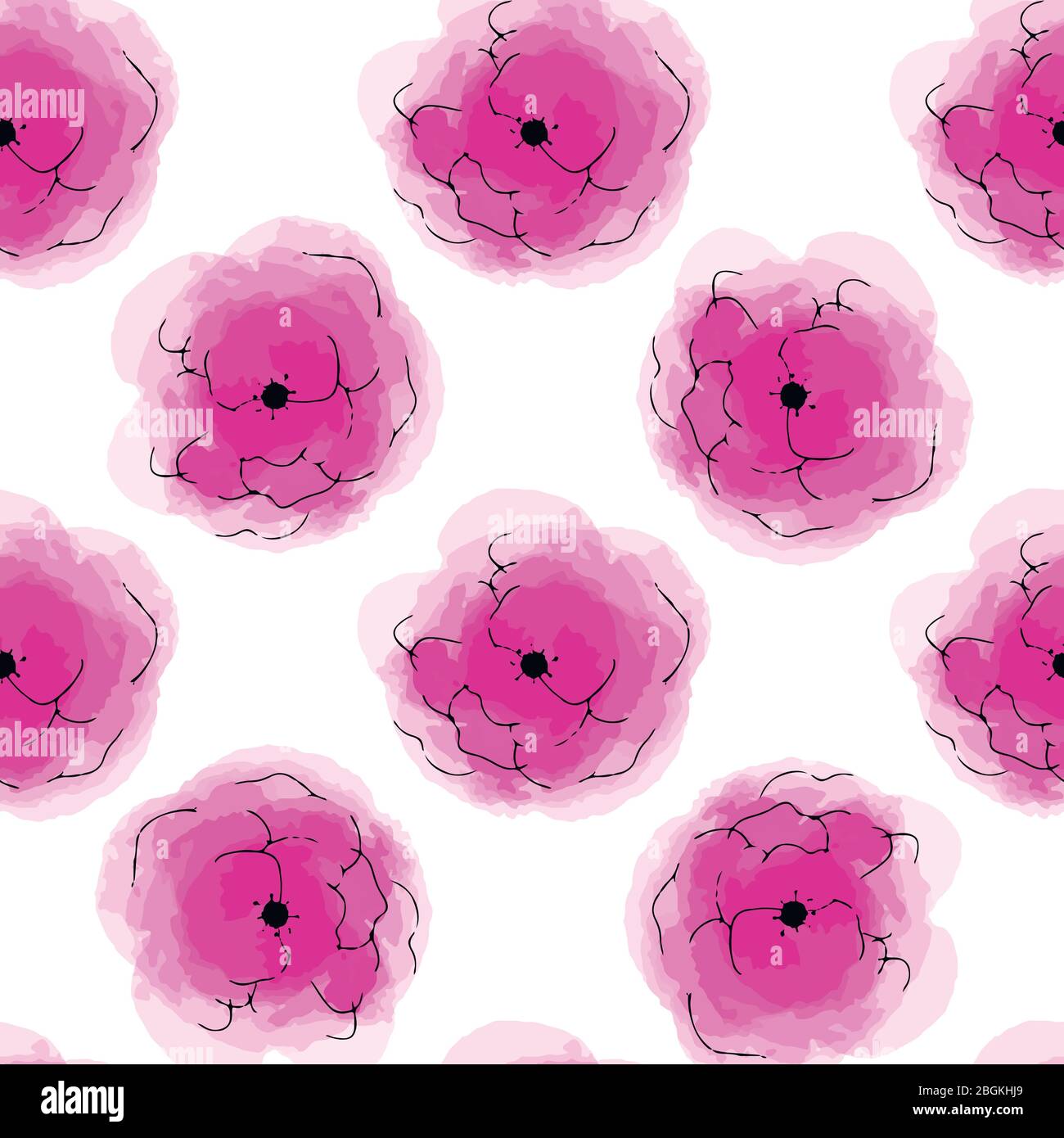 Vector illustration seamless pattern watercolor pink flowers on white ...