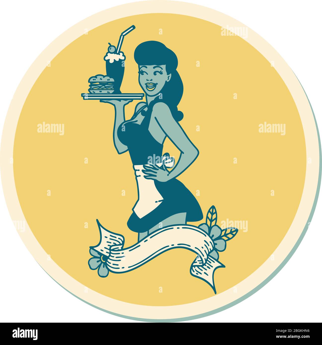 Sticker Of Tattoo In Traditional Style Of A Pinup Waitress Girl With Banner Stock Vector Image Art Alamy