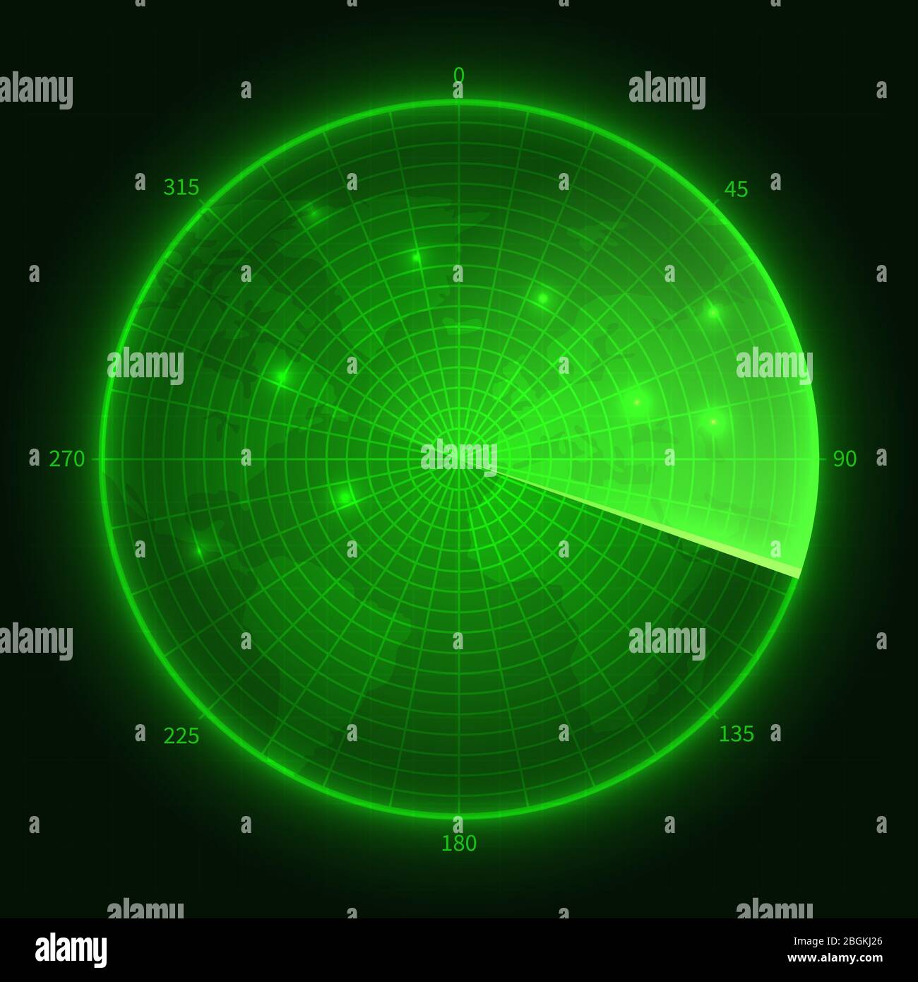 Green radar. Navy submarine sonar with aims. Navigation screen vector illustration. Military sonar screen, radar monitor digital system scanner Stock Vector