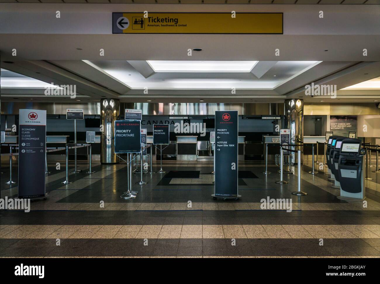 Laguardia Airport terminal almost empty, no travels due to the Coronavirus pandemic. Stock Photo