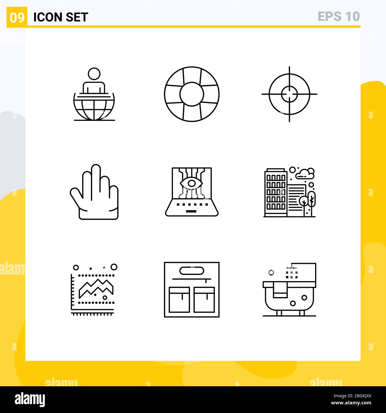 Group of 9 Modern Outlines Set for building, technic, target, engineering, applied science Editable Vector Design Elements Stock Vector