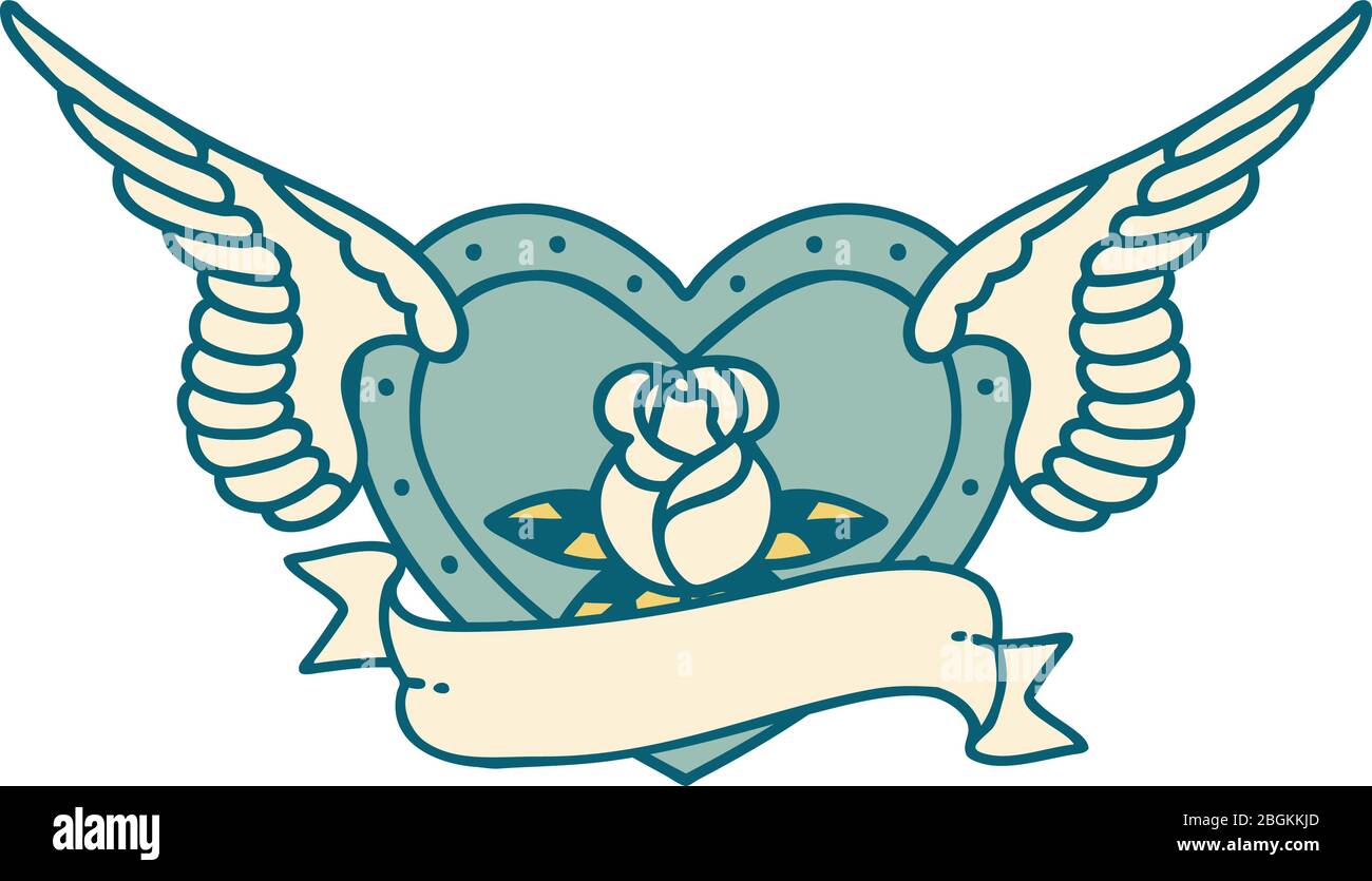 iconic tattoo style image of a flying heart with flowers and banner ...