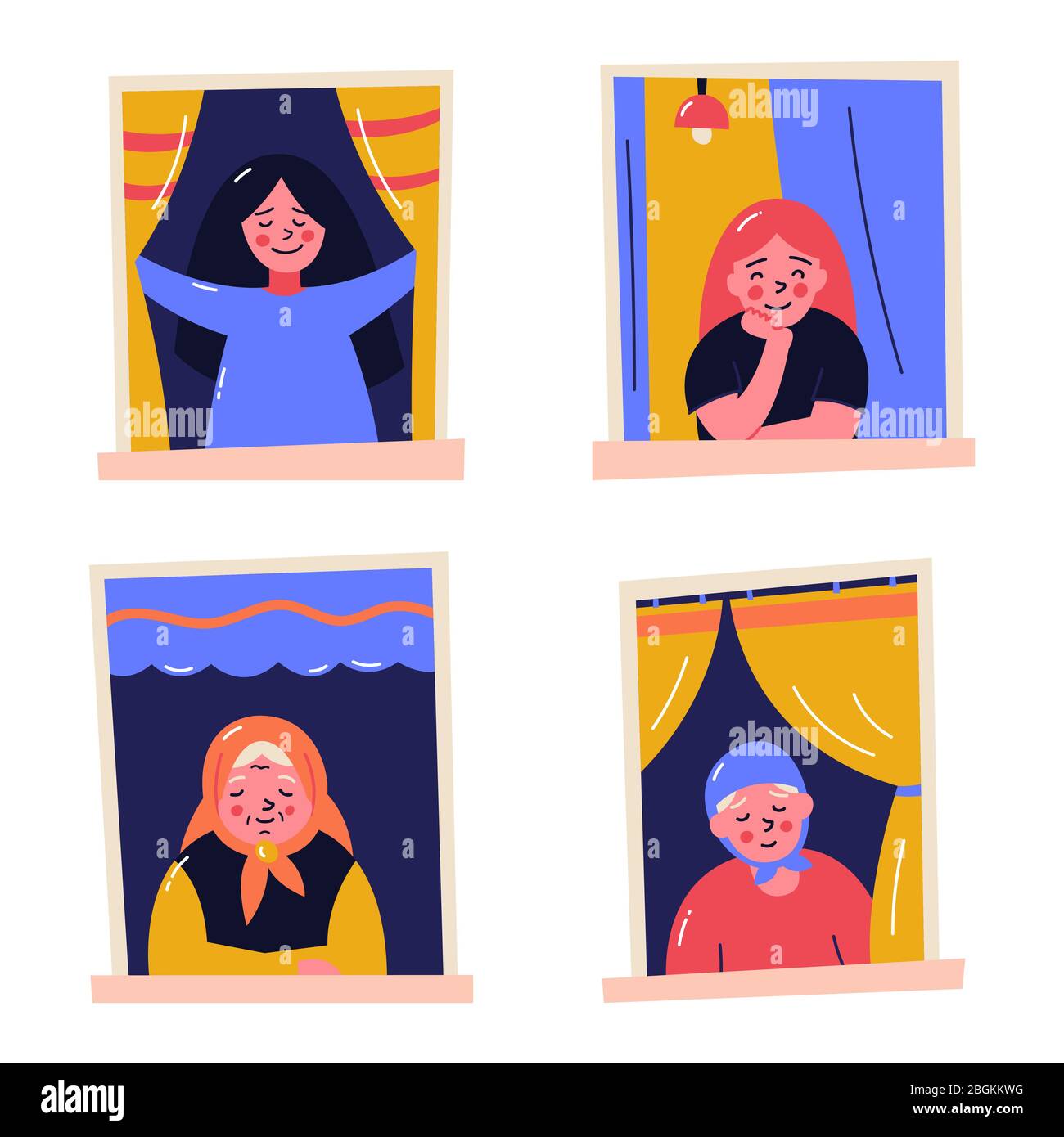 Cute girl and grandmother sit at home and look out the window. Vector illustration Stock Vector