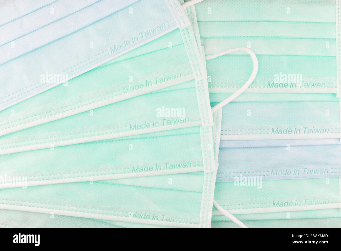 Made in Taiwan surgical masks for protection against the Covid-19 coronavirus pandemic. Stock Photo