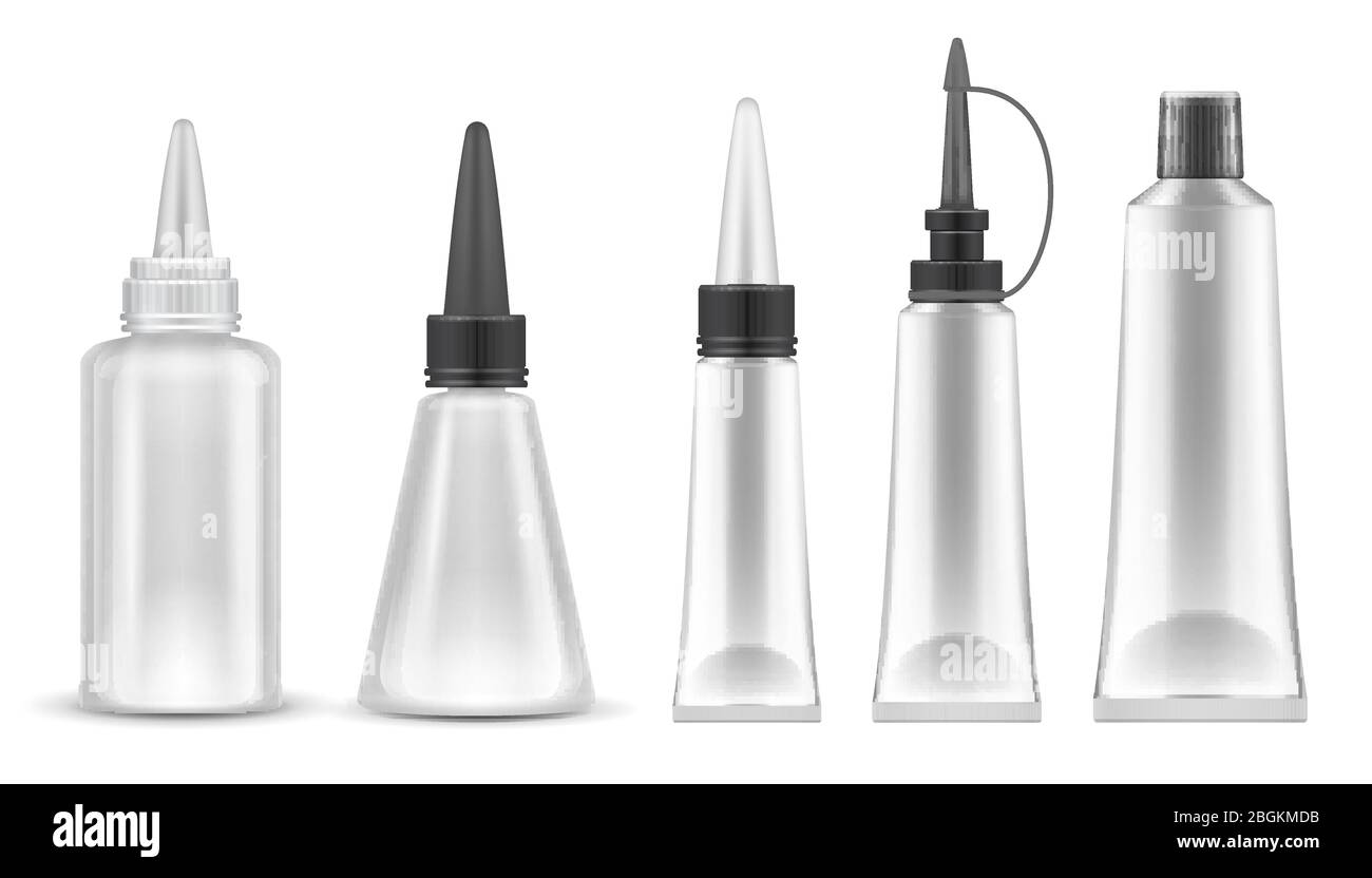 Glue packing. Realistic tubes and bottles for adhesive, tooth paste and