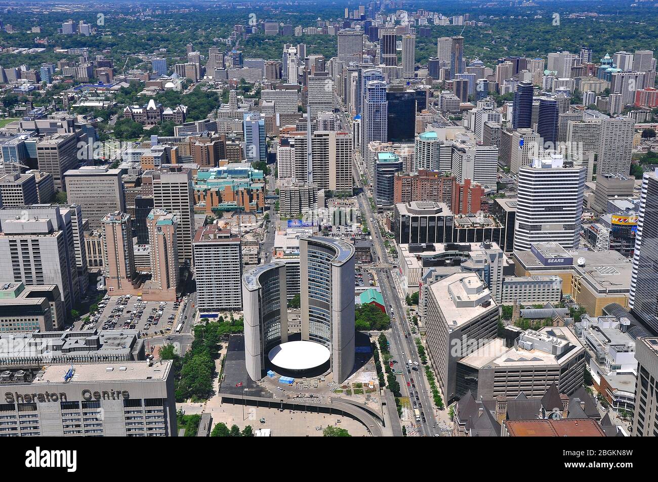 Aerial view over the city center of Toronto, Ontario, Canada.  Bird's-eye view of Toronto from Lake Ontario looking north. Stock Photo