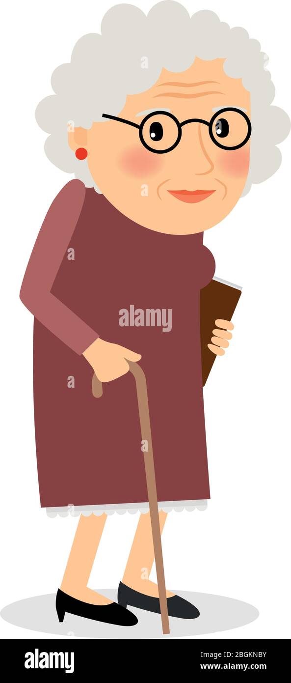Old woman with cane. Senior lady with glasses walking. Vector illustration. Stock Vector