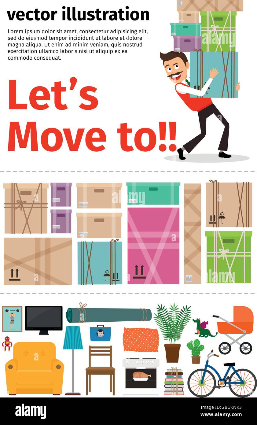 Moving into new apartment infographics. Man carrying cardboard boxes