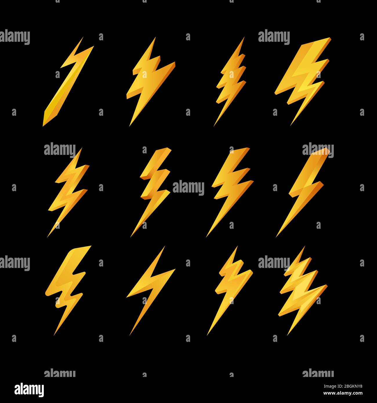 Lightning icons collection. Yellow lightning bolt symbols on black