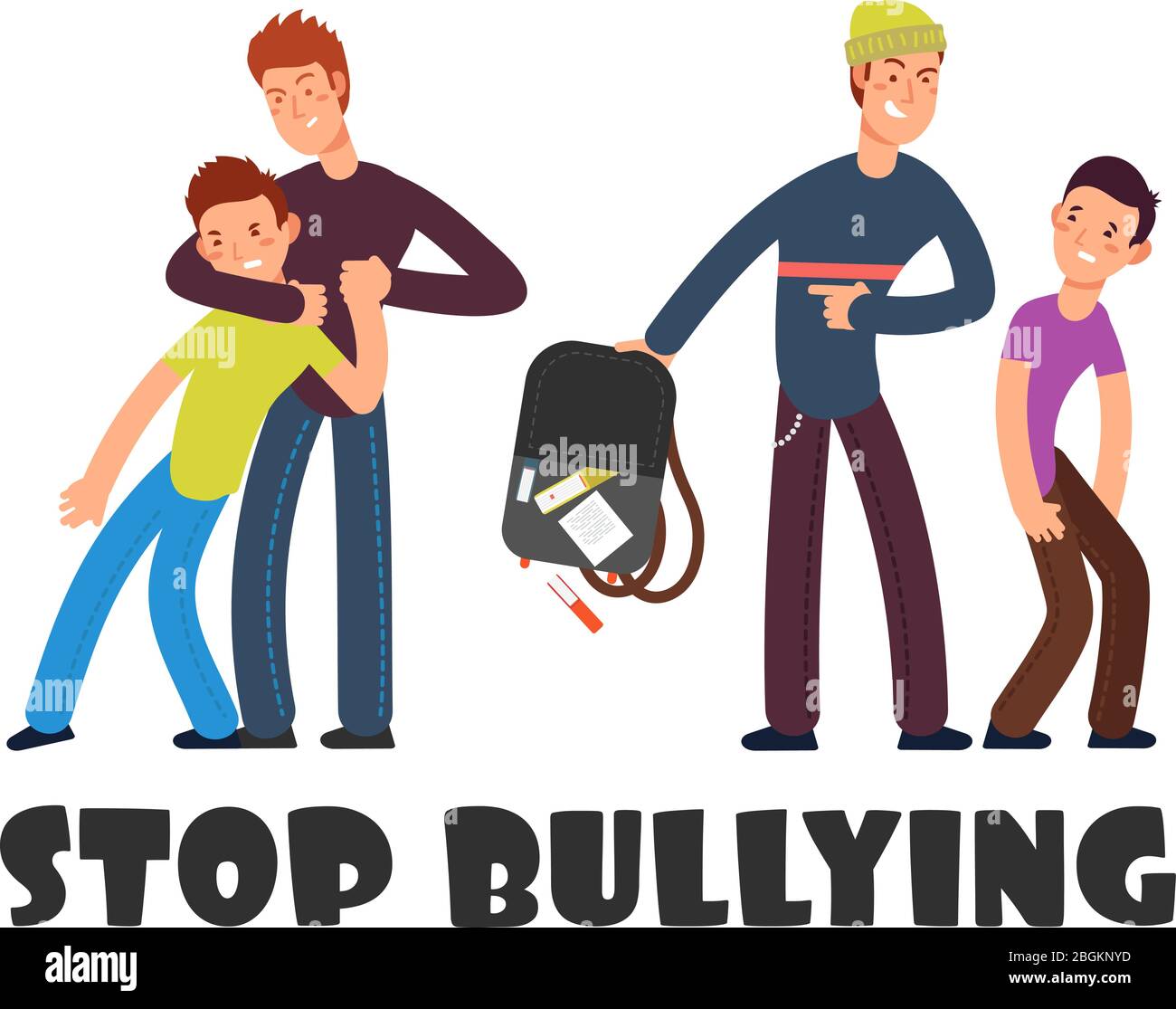 Stop bullying concept. Sad helpless kid. Negative persons and victim. Social problems vector background. Illustration of violence and harassment, bull Stock Vector