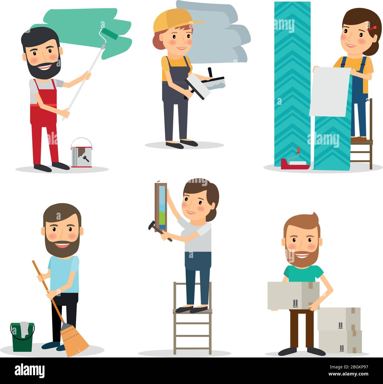 People with equipment repair house. Men and women brooming, painting, moving cardboard boxes, paperhanging. Vector illustration. Stock Vector
