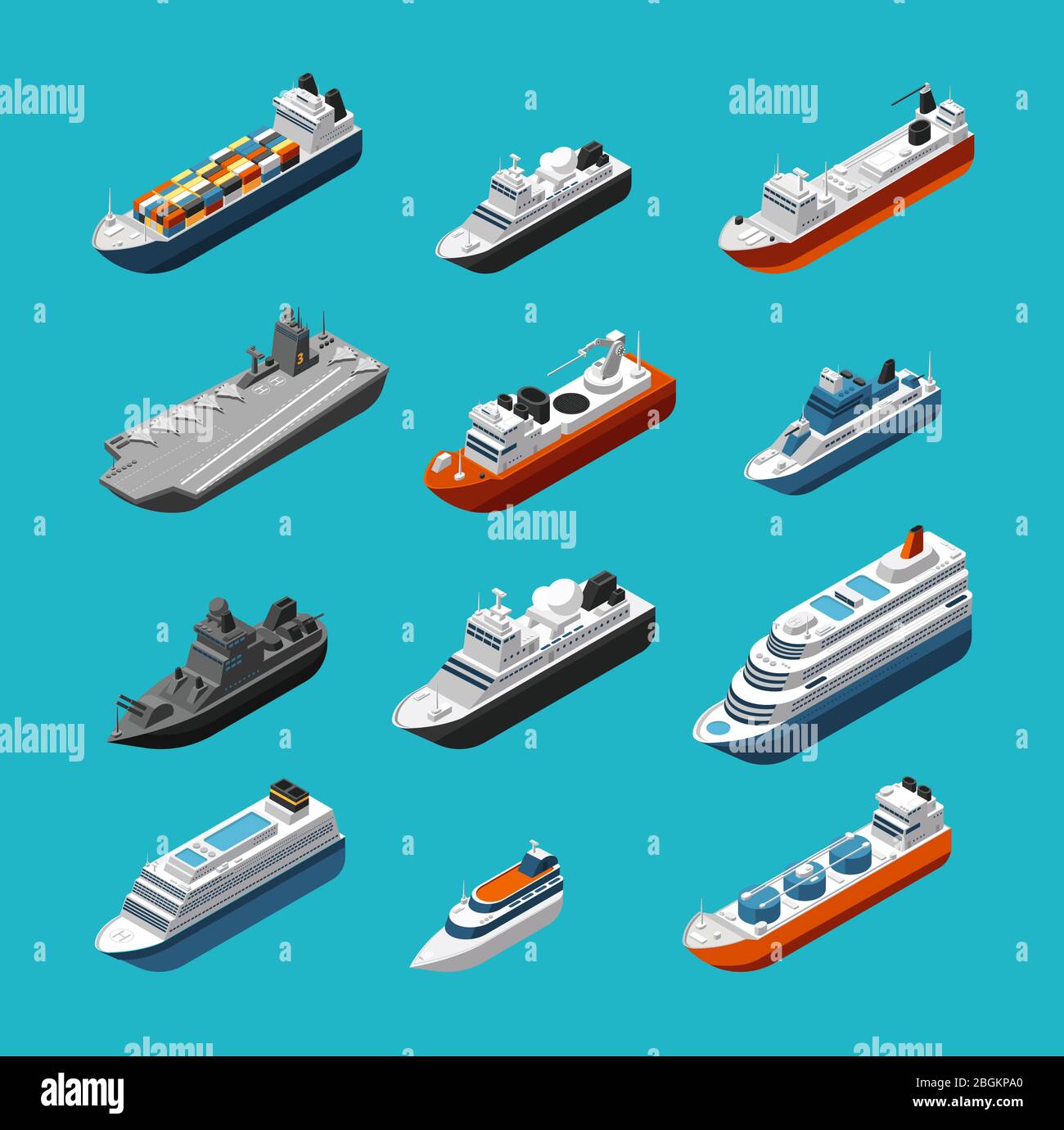 Passenger and cargo ships, sailing boats, yachts and vessels isometric vector transportation icons isolated. Liner and tugboat, tanker shipping, steam Stock Vector