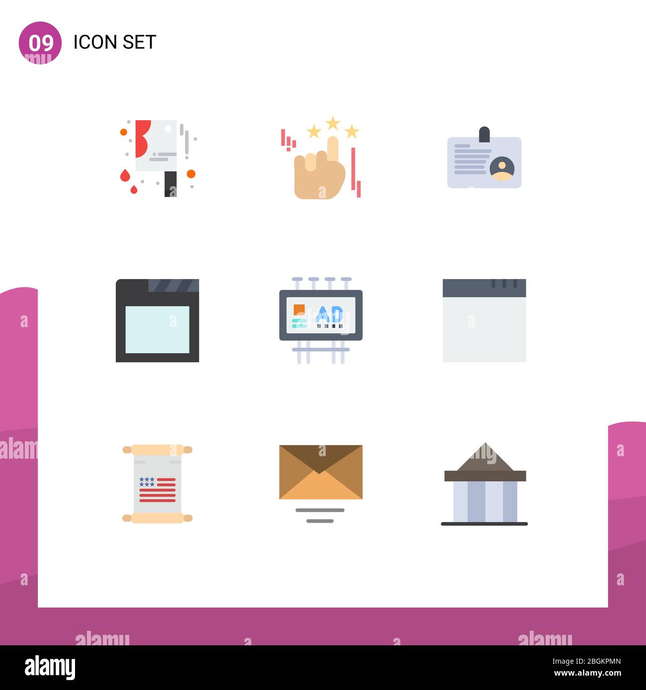 9 User Interface Flat Color Pack of modern Signs and Symbols of publicity, marketing, id, billboard advertisement, tabs Editable Vector Design Element Stock Vector