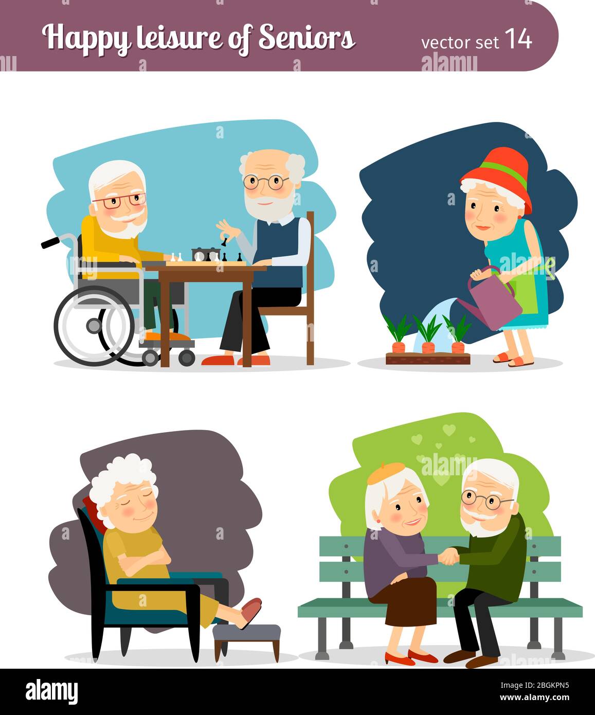 Seniors happy leisure. Grandmothers and grandfathers communicate and spend leisure Stock Vector