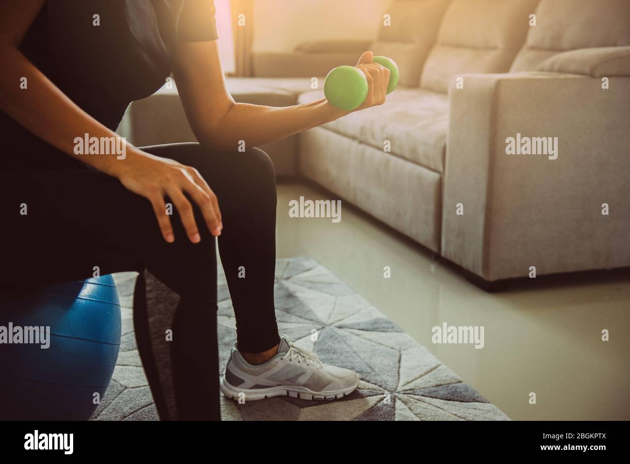 Grian and Noise Tone.Close up woman lifting dumbbell weights for strength training while sitting ball at home.Sport and recreation concept. Workout at Stock Photo