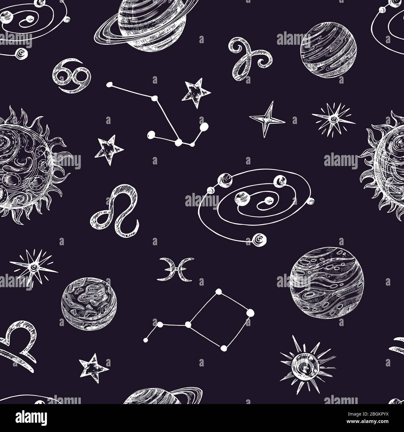 Hand drawn space with stars, planets and moon. Doodle night sky vector ...