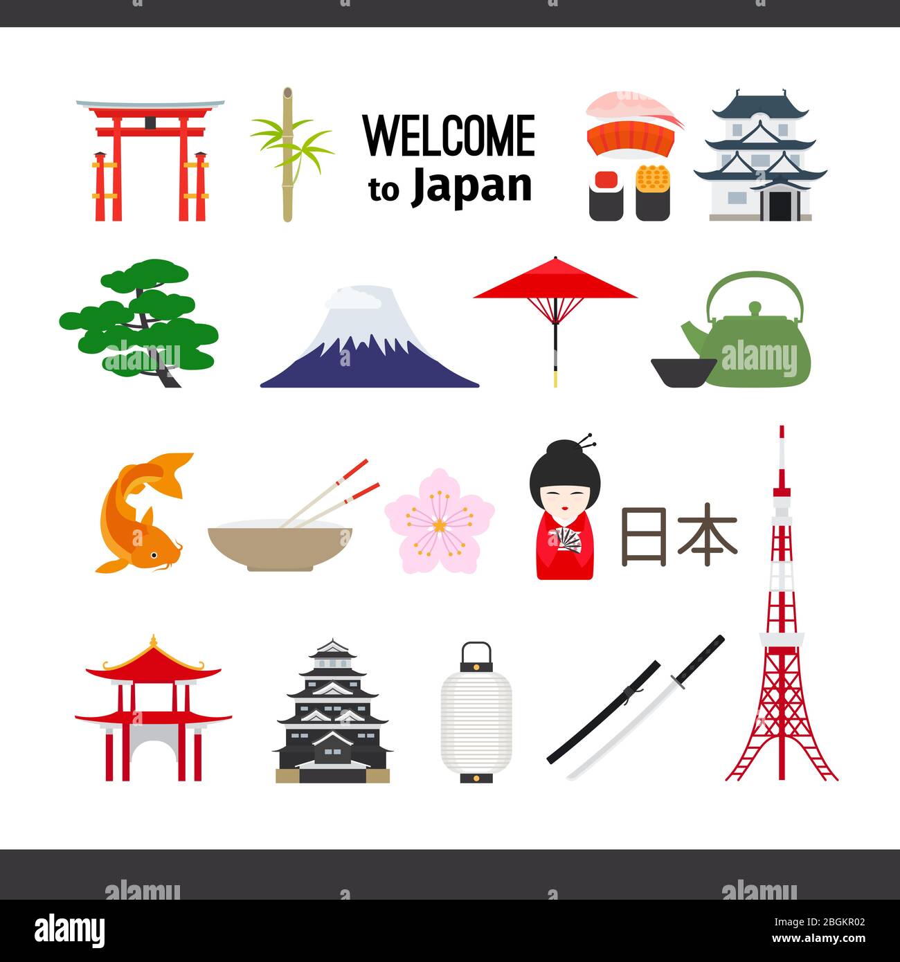 Travel Japan. Set of icons of japanese castels, torii, mountain Fiuji, bamboo, geisha. Welcome to Japan sign. Vector illustration Stock Vector