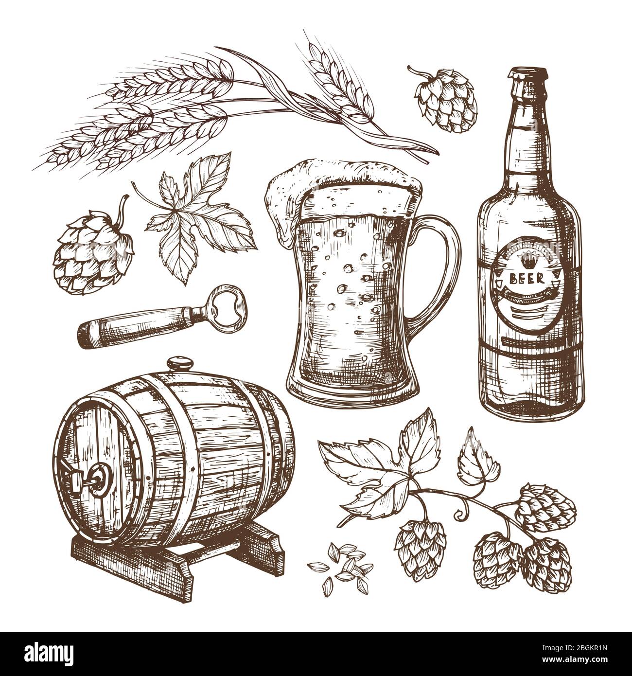 Hand drawn beer mug, barrel, wheat and malts ears, hops. Isolated vector set in engraving style. Beer barrel, mug and barley illustration Stock Vector