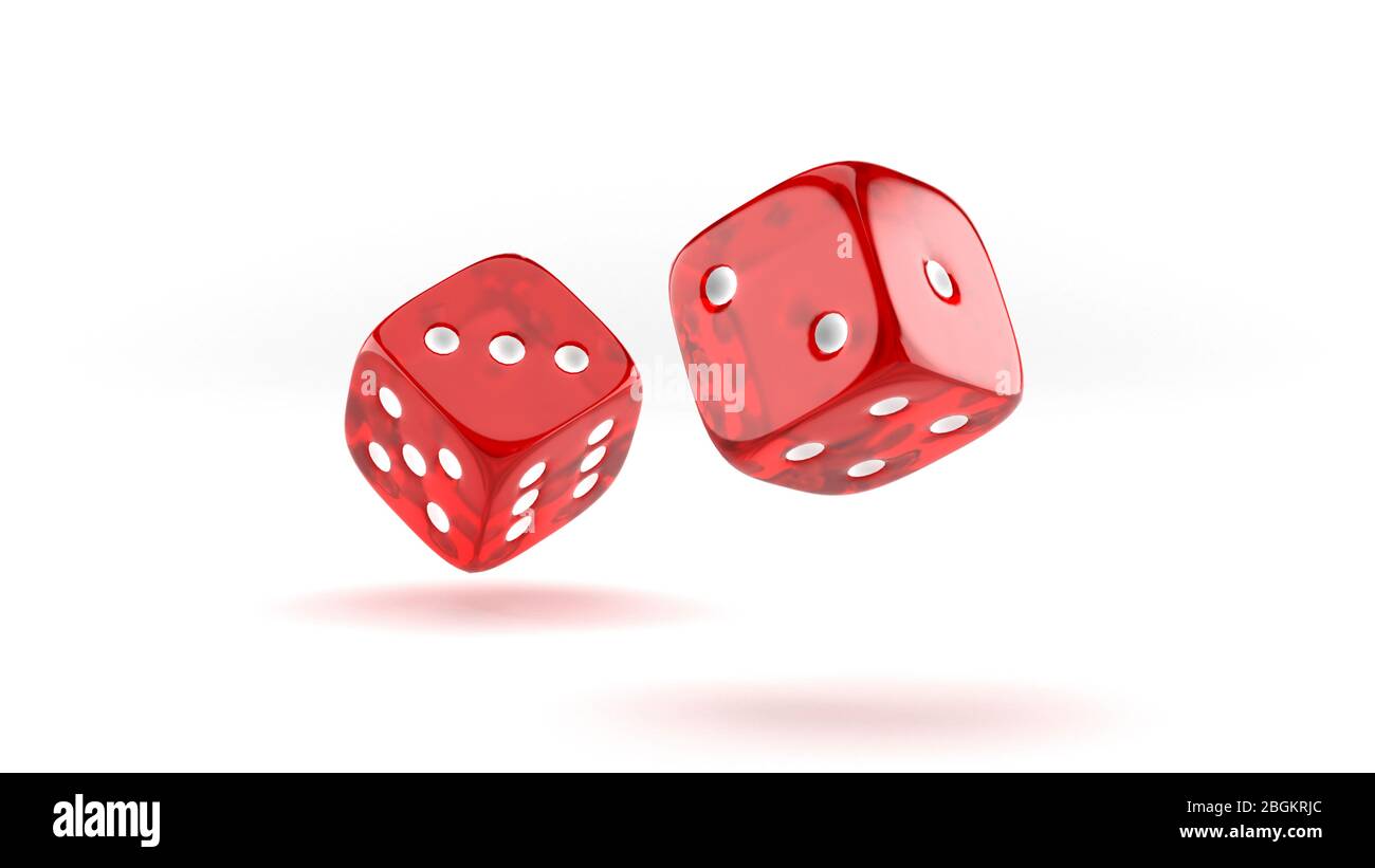 Falling red casino dice on white background. Stock Photo