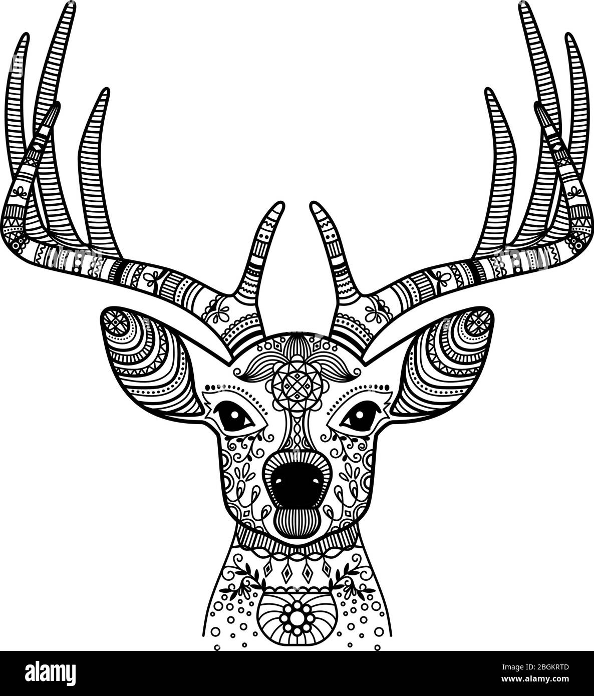 Hand drawn horned deer head with floral ornament, vector illustration. Black image on white background Stock Vector