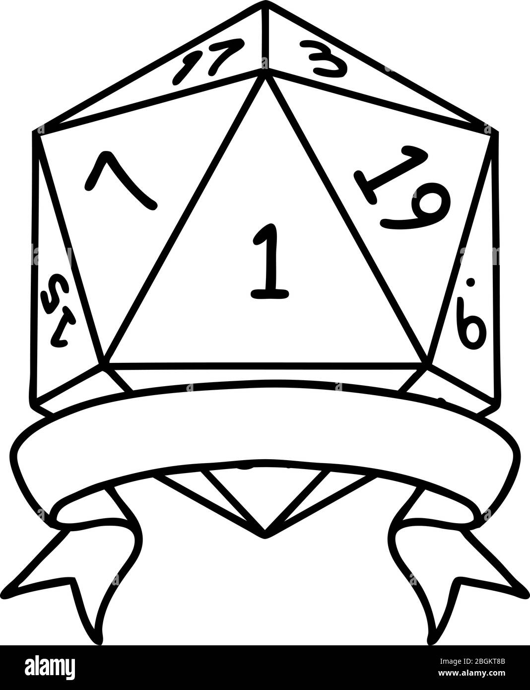 Black and White Tattoo linework Style natural one d20 dice roll Stock ...
