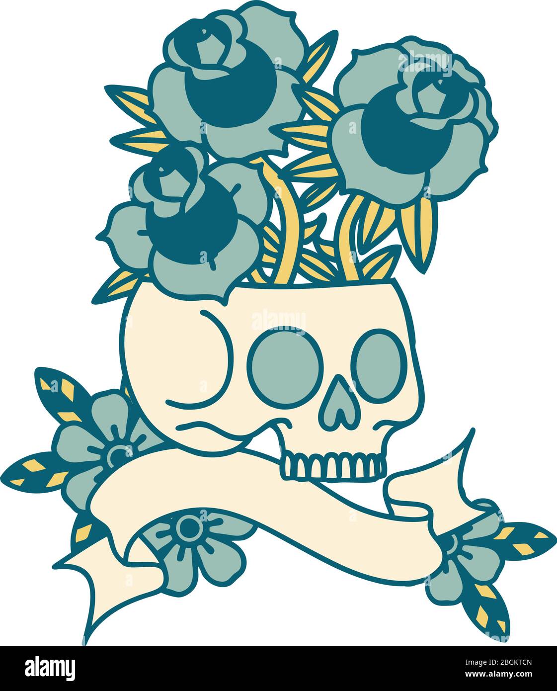 traditional tattoo with banner of a skull and roses Stock Vector Image ...
