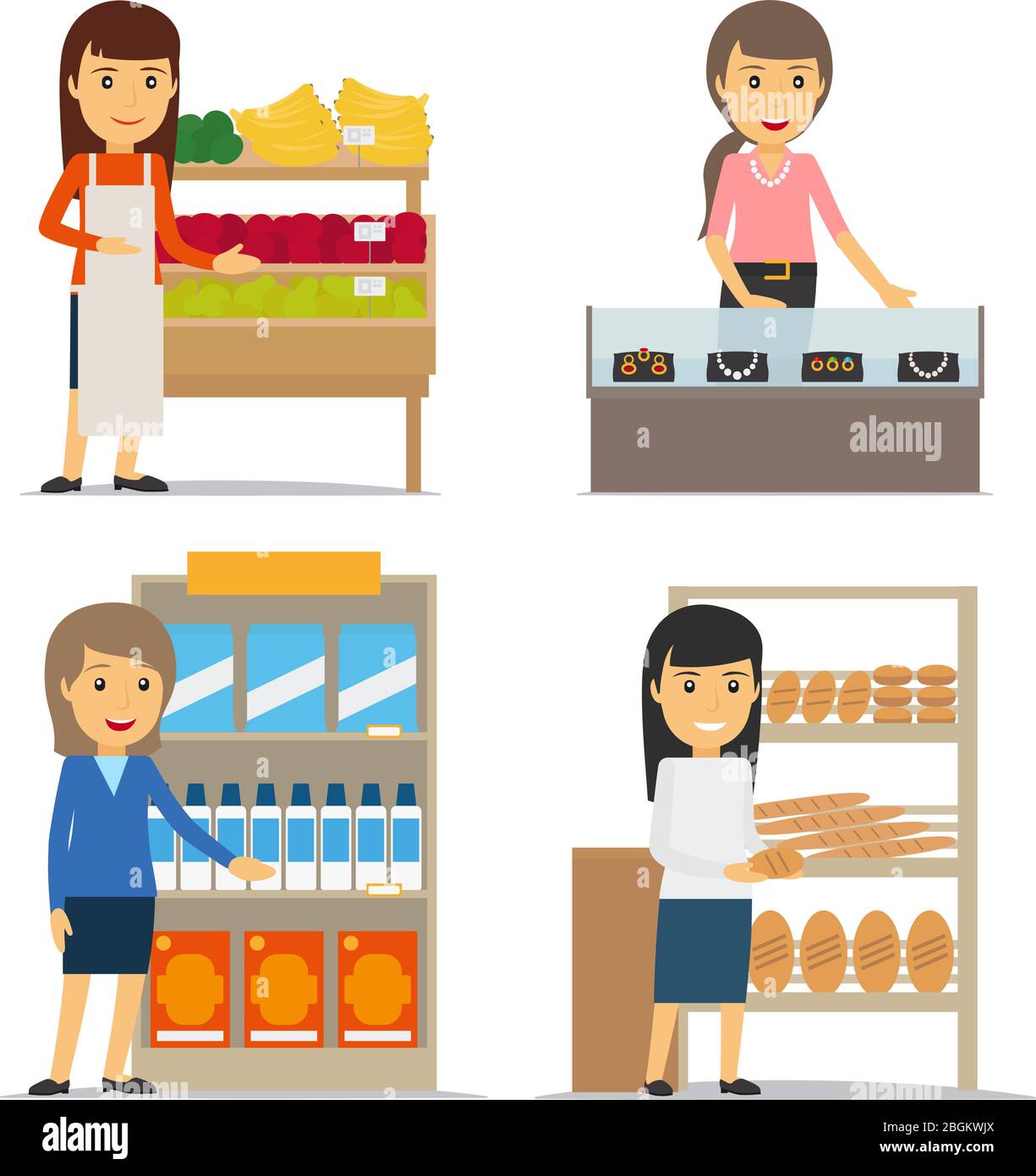 Saleswoman with fruits and bread, jewelery seller woman vector illustration. Stock Vector